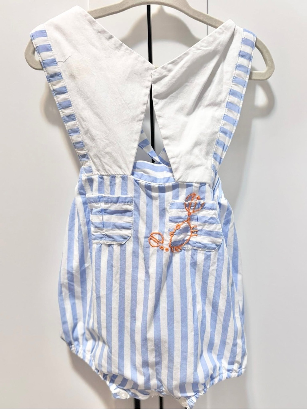 Striped Blue & White Baby Romper with Orange Embroidery